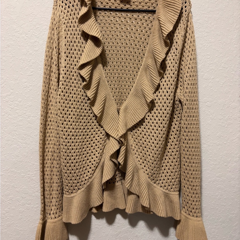 Vtg Pointelle Knit Cardigan XL Tan Ruffle Bell Sleeve Coquette Coastal Boho Doll - Picture 2 of 16